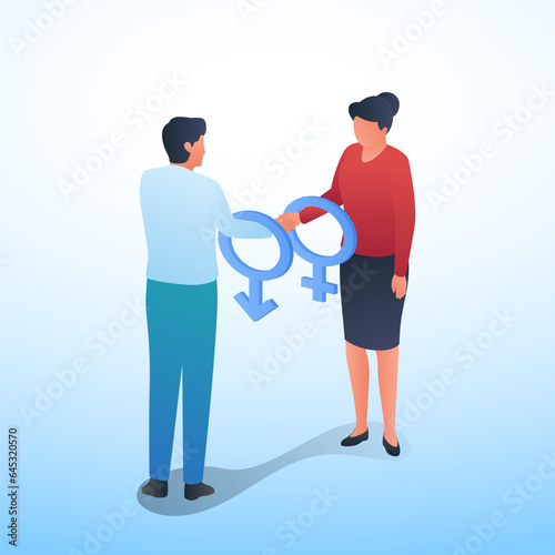 men and women shake hands between two gender symbols, a metaphor for gender equality