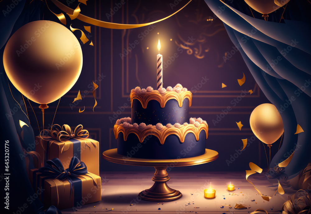 Birthday cake with candle, gold balloons and gift boxes around it on a ...