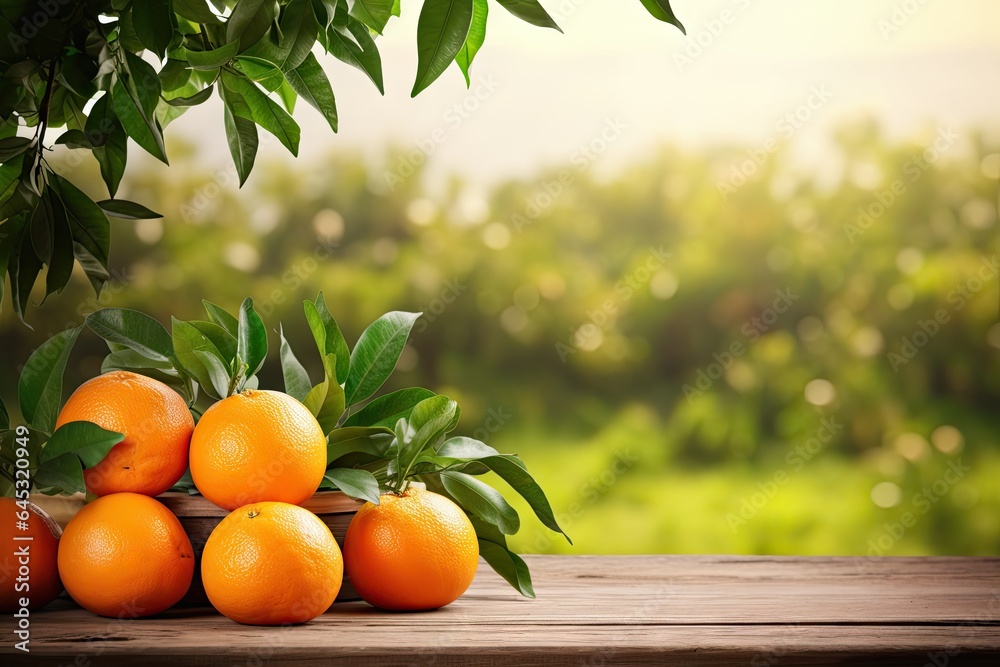 Nature bounty. Ripe tangerines on sunny day. Healthy harvest. Juicy in citrus grove. Tropical temptation. Organic orange on tree and empty wooden table