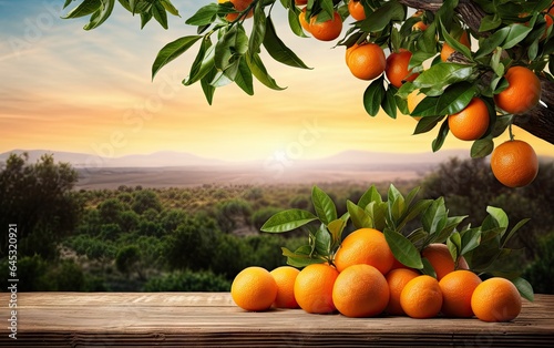 Nature bounty. Ripe tangerines on sunny day. Healthy harvest. Juicy in citrus grove. Tropical temptation. Organic orange on tree and empty wooden table