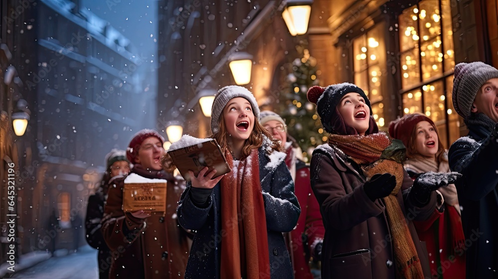 Carol singers in a snowy street, showcasing traditional festive activities. Carol singers in a snowy street, showcasing traditional festive activities.