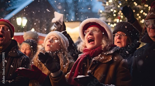 Carol singers in a snowy street, showcasing traditional festive activities.