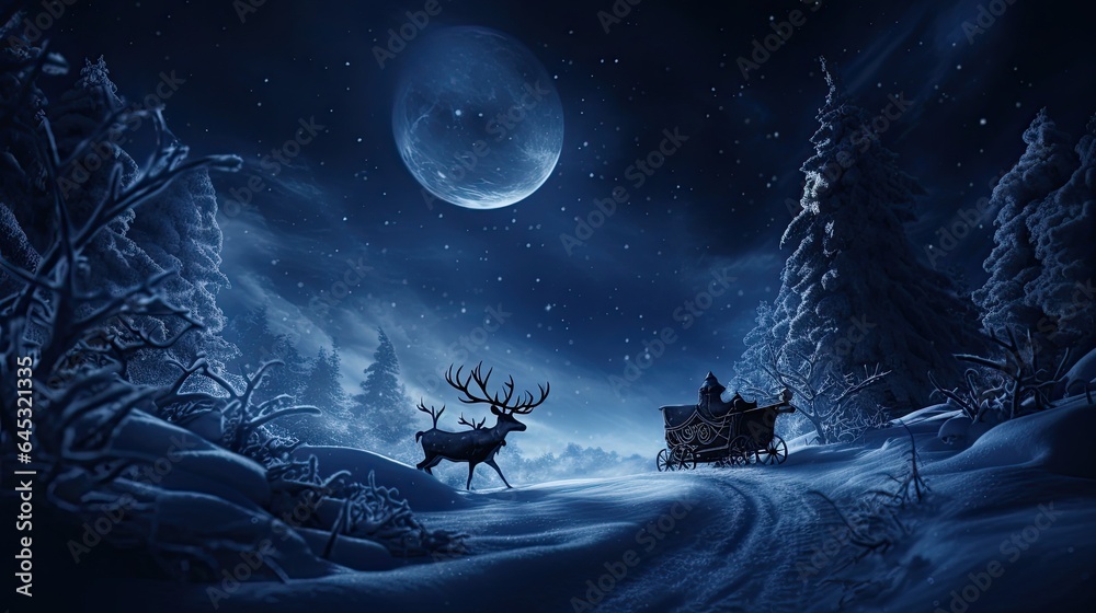 Santa's sleigh silhouette against a moonlit snowy night, capturing the magic of Christmas Eve. Santa's sleigh silhouette against a moonlit snowy night, capturing the magic of Christmas Eve.