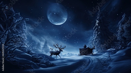 Fotografia Santa's sleigh silhouette against a moonlit snowy night, capturing the magic of Christmas Eve