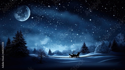 Santa's sleigh silhouette against a moonlit snowy night, capturing the magic of Christmas Eve. © Filip