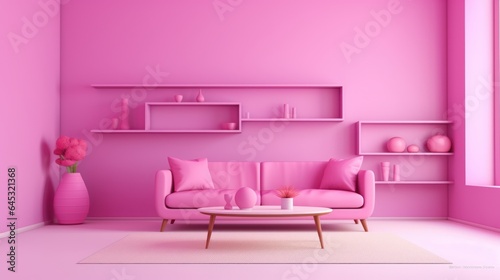 Stylish minimalist interior of modern cozy living room in pastel pink and purple tones. Comfortable trendy couch  coffee table  decorative vase  shelves  creative design details. Mockup  3D rendering.