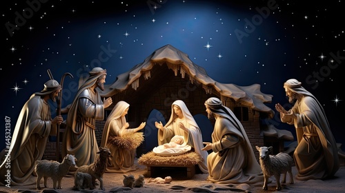 Photographie Traditional nativity scene set against a starlit night, capturing the spiritual essence of Christmas
