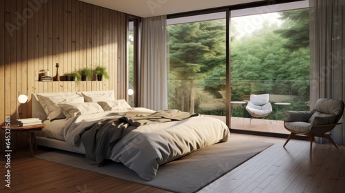 Interior of cozy minimalist bedroom in luxury villa or hotel. Decorative wall, wooden floor, comfortable bed, terrace, floor-to-ceiling windows with garden view. Ecostyle home design. 3D rendering. © Georgii