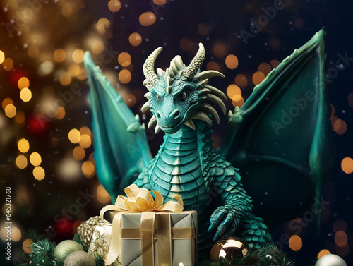 Green dragon statue symbol of 2024 year with christmass gift boxes