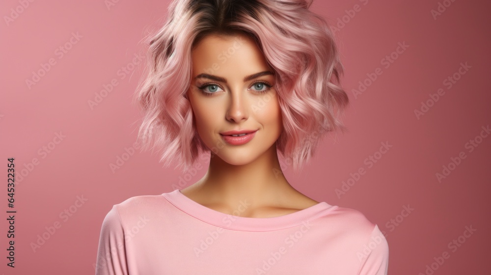 Happy young woman wearing pink sweater on pink background Happy young woman wearing pink sweater on pink background