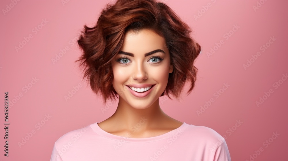 Happy young woman wearing pink sweater on pink background Happy young woman wearing pink sweater on pink background