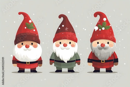 Illustration of trhee elderly Christmas elves celebrating Christmas. on grey background photo