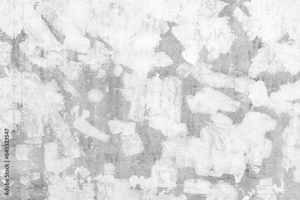 Gray concrete wall with white paint brush strokes, front view, texture