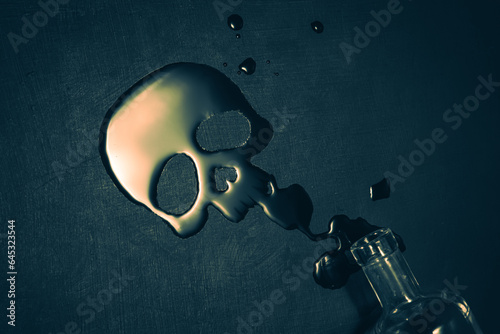 Photos Skull-shaped puddle pours out of a bottle of vodka.