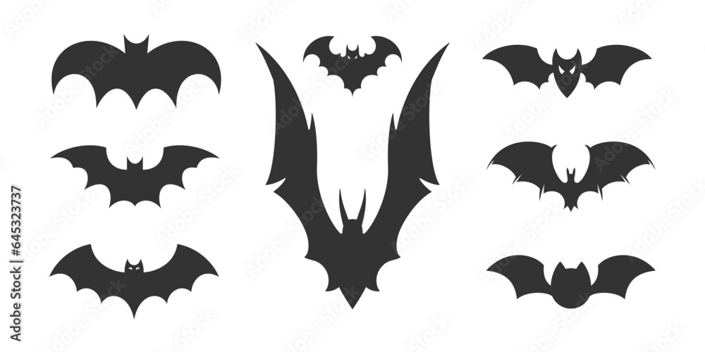 Naklejka premium Halloween flying bat black silhouette with open wings different shape icon set vector flat