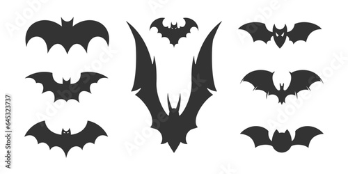 Halloween flying bat black silhouette with open wings different shape icon set vector flat