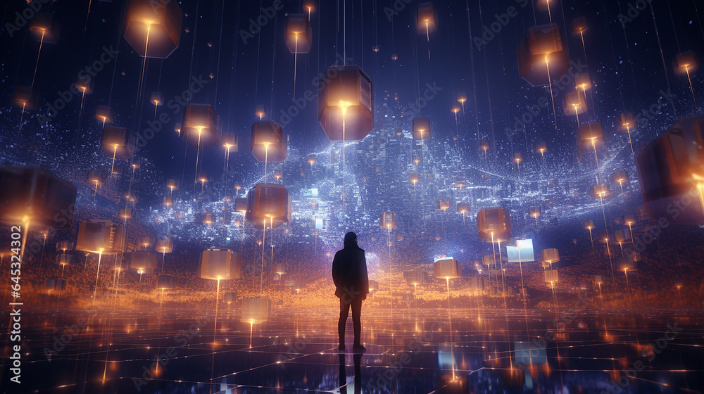 A human figure against a fantastic, radiant landscape looking at the glowing lights A human figure against a fantastic, radiant landscape looking at the glowing lights