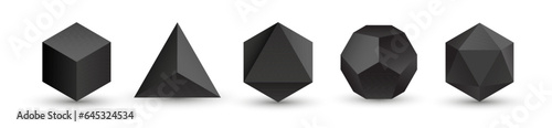 Set of black vector editable 3D platonic solids isolated on white background. Mathematical geometric figures such as cube, tetrahedron, octahedron, dodecahedron, icosahedron. Icon, logo, button.