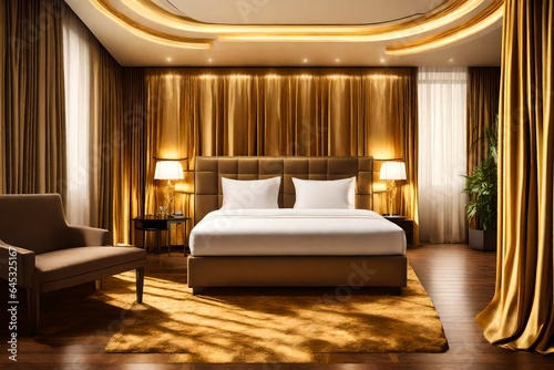 one bed in a hotel room interior design with golden curtain © Sikandar Hayat