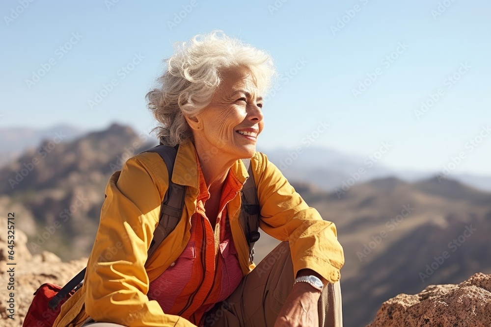Portrait of mature senior woman hiking on mountains. Concept of travel lifestyle adventure active vacations outdoor and healthy. Portrait of mature senior woman hiking on mountains. Concept of travel lifestyle adventure active vacations outdoor and healthy.
