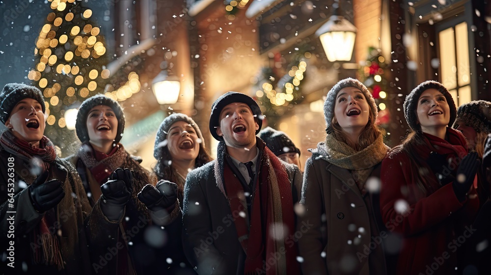 Carol singers in a snowy street, showcasing traditional festive activities Carol singers in a snowy street, showcasing traditional festive activities
