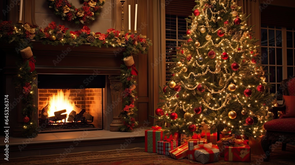 Classic Christmas tree adorned with ornaments and lights, set against a warm fireplace