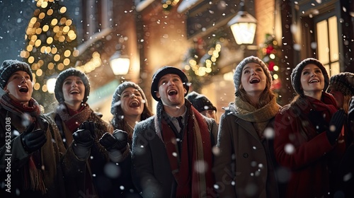 Carol singers in a snowy street, showcasing traditional festive activities photo