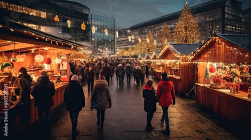 Christmas market bustling with people and twinkling lights, showcasing festive shopping