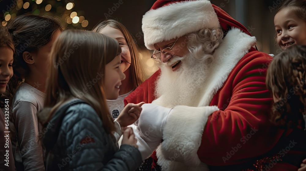 Santa Claus interacting with excited children in a mall, capturing the magic of belief Santa Claus interacting with excited children in a mall, capturing the magic of belief