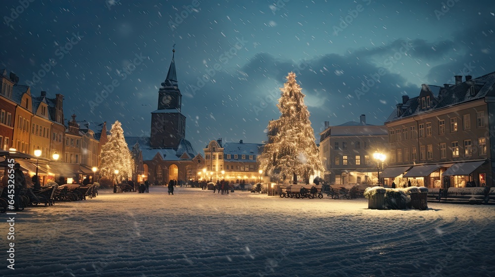 Snow-covered town square with a grand Christmas tree, emphasizing festive community spirit