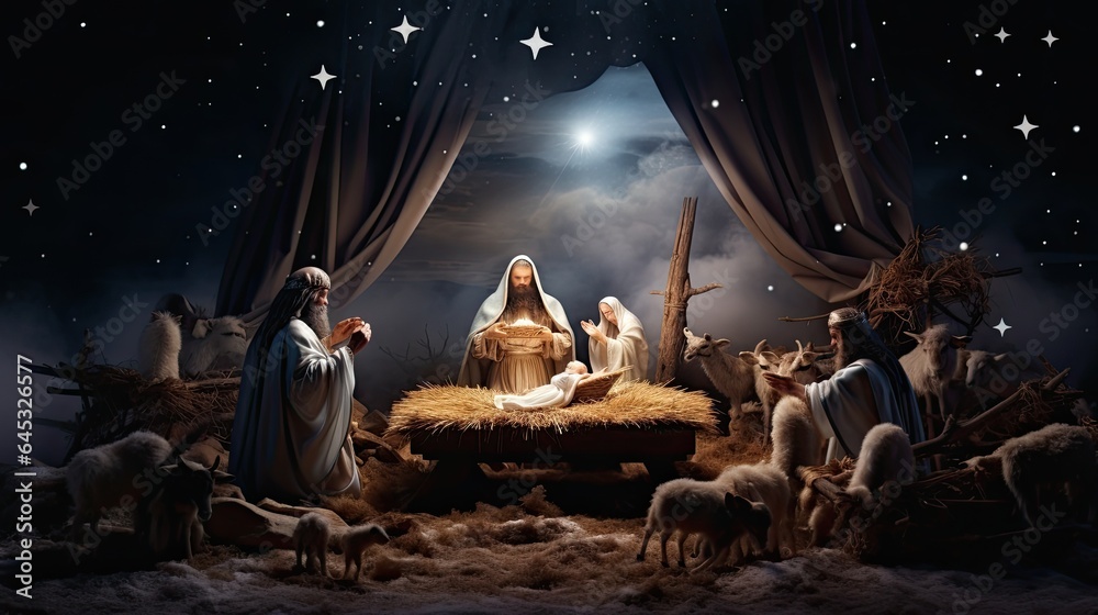 Traditional nativity scene set against a starlit night, capturing the spiritual essence of Christmas - obrazy, fototapety, plakaty 
