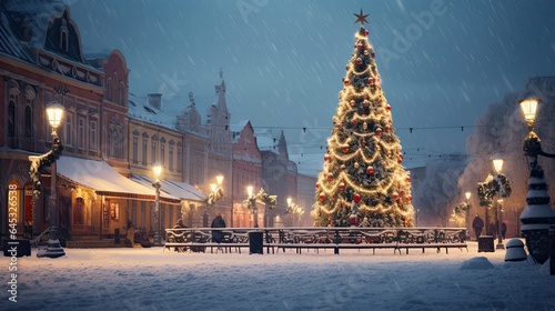 Snow-covered town square with a grand Christmas tree, emphasizing festive community spirit © Filip
