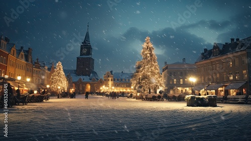 Snow-covered town square with a grand Christmas tree, emphasizing festive community spirit