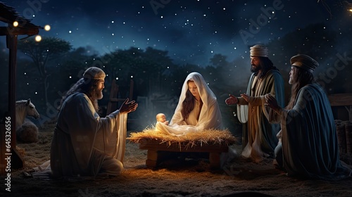 Traditional nativity scene set against a starlit night, capturing the spiritual essence of Christmas