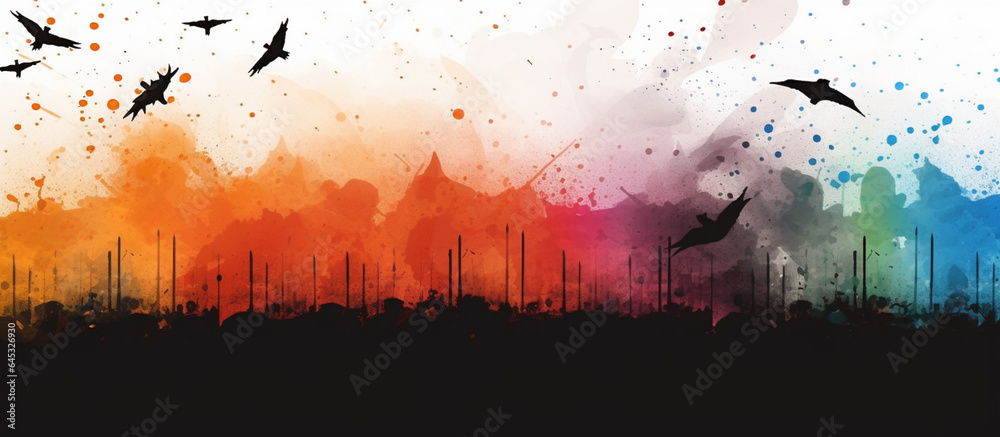 Art composition with colorful spots and silhouettes of birds. Halloween web banner. Generative AI Generative AI