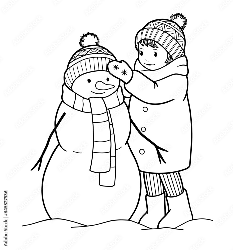 Hand-drawn illustration girl with snowman. Black and white images on white background.