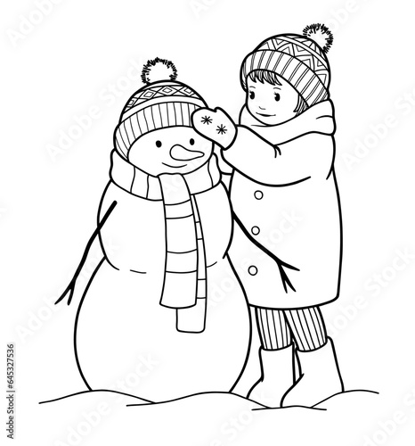 Hand-drawn illustration girl with snowman. Black and white images on white background.