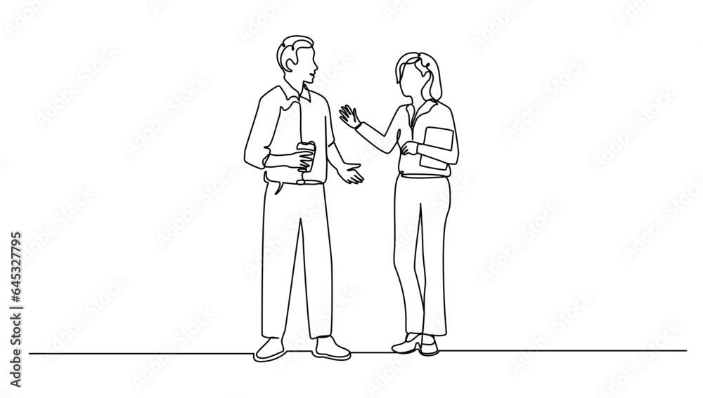 continuous line drawing two people meet and talking during break time, business concept vector illustration continuous line drawing two people meet and talking during break time, business concept vector illustration
