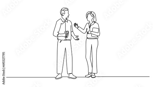 continuous line drawing two people meet and talking during break time, business concept vector illustration