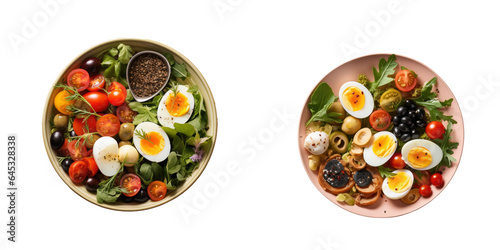 Heart shaped plate topped with a nutritious salad cherry tomatoes feta quail eggs olives and microgreens on a transparent background healthy eating view from above plenty of room for text