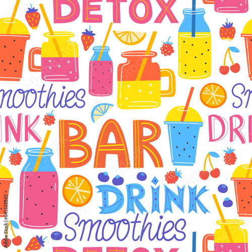 Smoothies bar seamless pattern. Illustration in flat style with drinks, fruit and lettering. Drink menu design for bar. Summer design. Detox. © monamonash