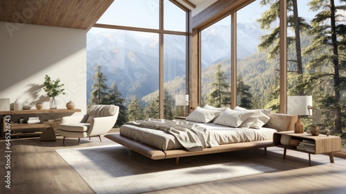 Interior of minimalist scandi style bedroom in luxury villa. White walls, simple wooden bed and elements of furniture, armchair, panoramic window overlooking scenic landscape. Mockup, 3D rendering.