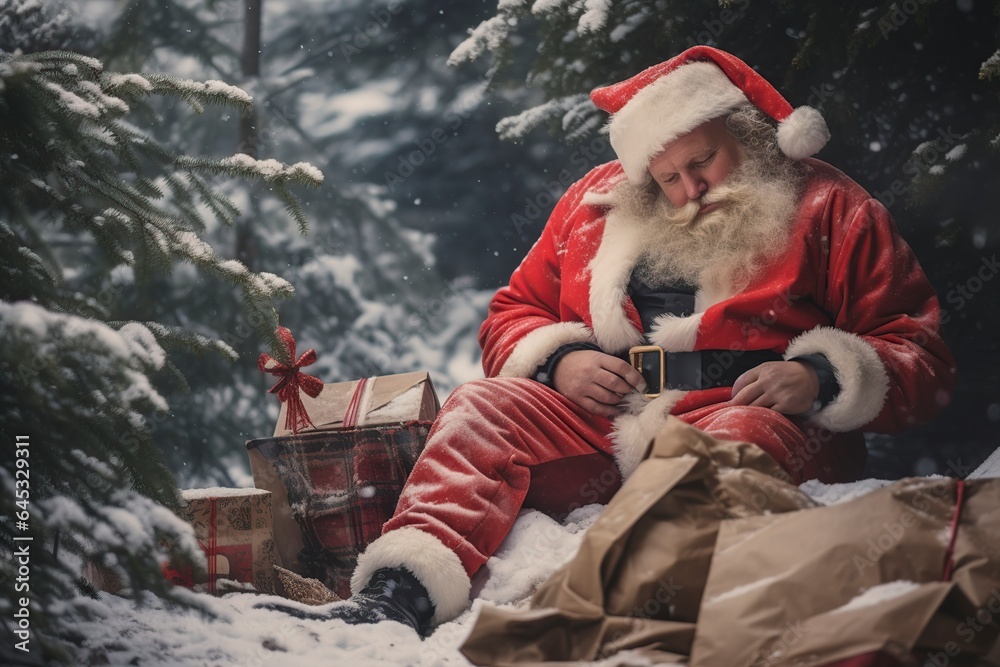 tired Santa Claus sitting and sleeping under a tree