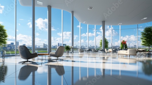Interior of empty open space office in modern building. Glossy floor, chillout area, houseplants. Floor-to-ceiling windows with city view. Mockup, 3D rendering.