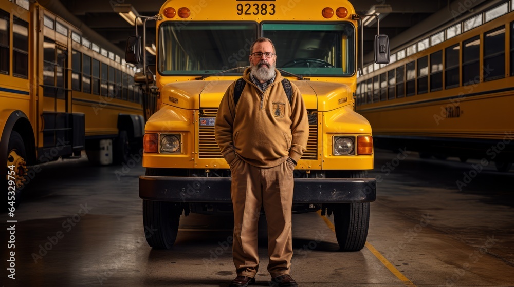 school bus driver in front of school bus station - obrazy, fototapety, plakaty 