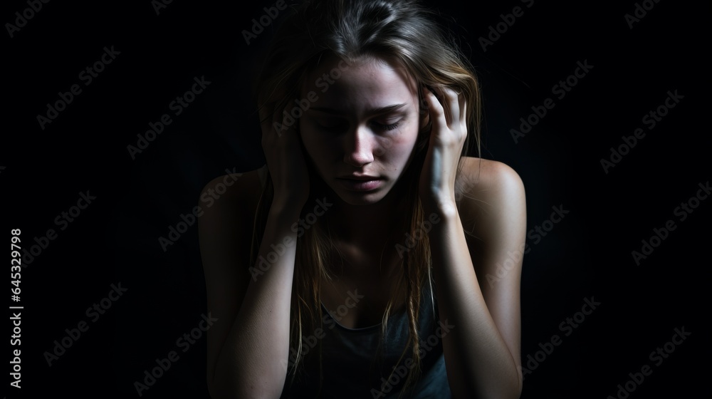 depressed woman with black wall background depressed woman with black wall background