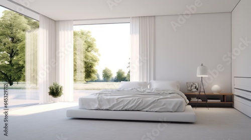 Interior of minimalist scandi style bedroom in luxury villa or hotel. White walls, large comfortable bed, side table, floor-to-ceiling window overlooking scenic summer landscape. Mockup, 3D rendering.