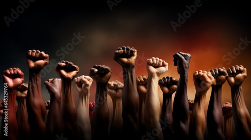 group of multiethnic people raised fists up to the air