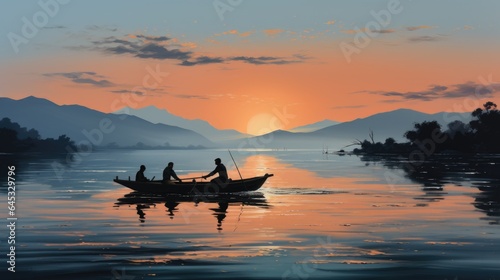 A painting of two people in a boat on a lake. Fictional image. © tilialucida