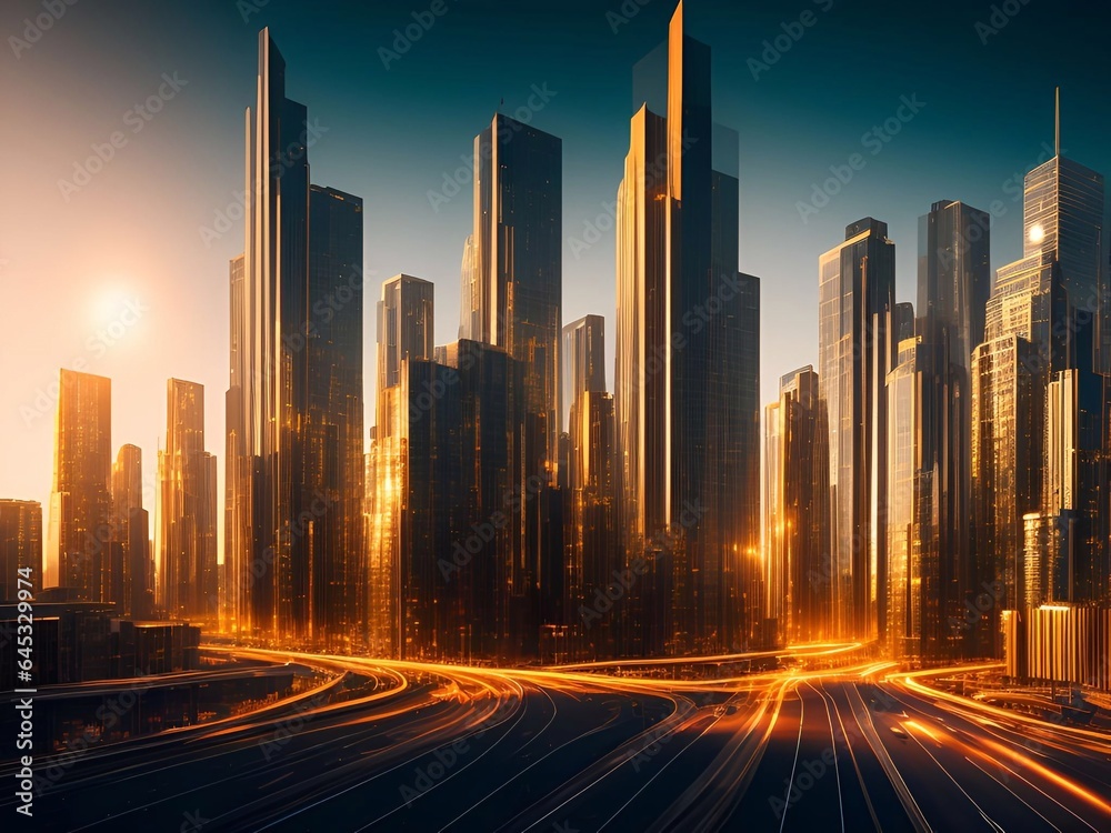 Obraz premium gold city, gold building, future city Cinematic Daylight generative ai illustration art